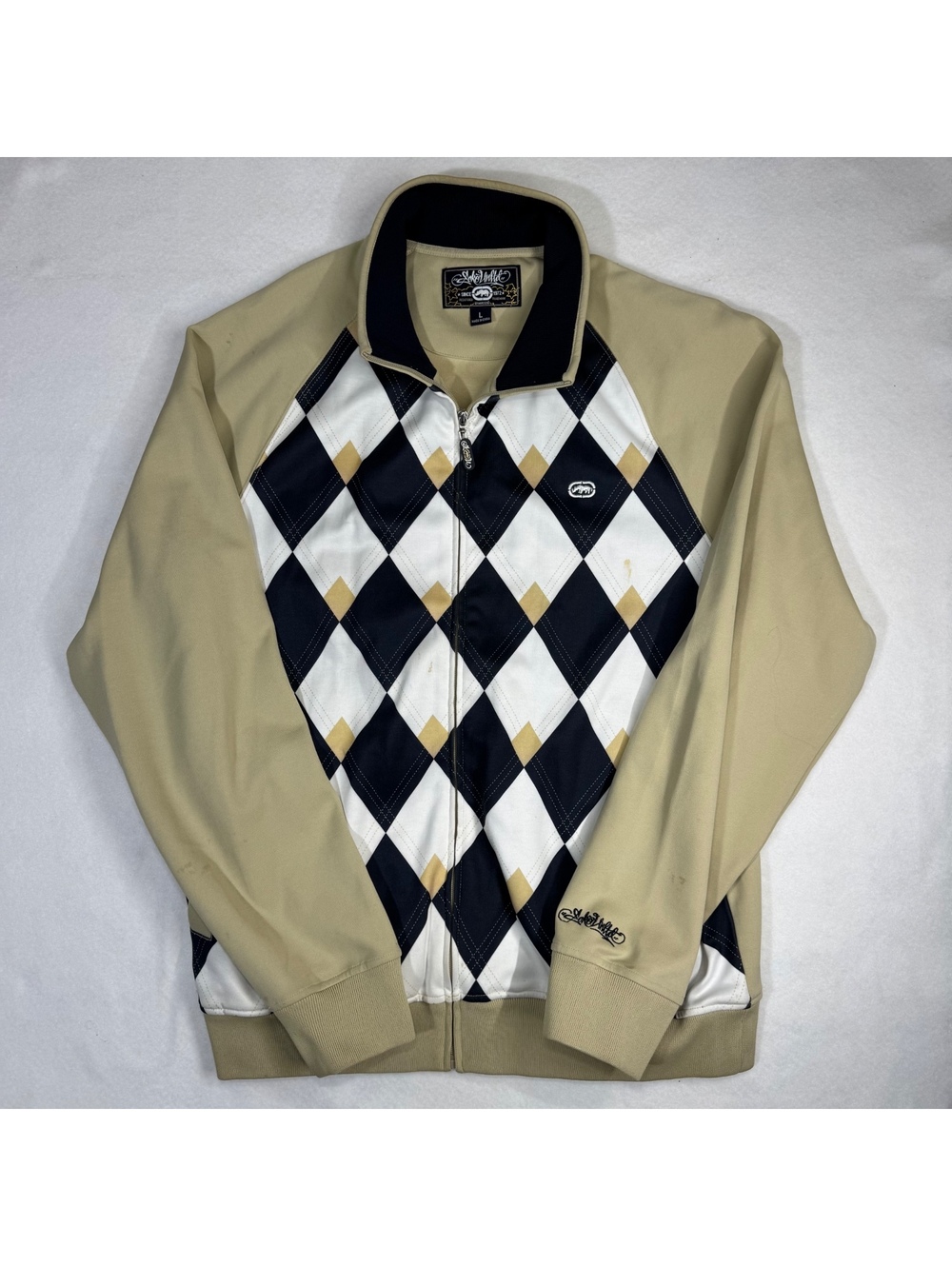 Vintage Y2K Ecko Unltd Argyle Track Jacket Full Zip Men's L Navy Tan White